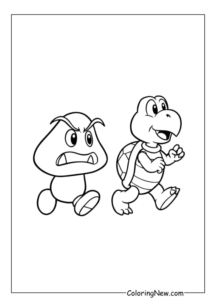 A Goomba and a Koopa Troopa walk side by side on a brick road, both looking surprised