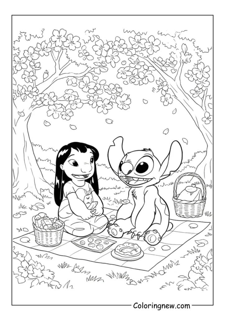 Lilo and Stitch are having a picnic under cherry blossoms