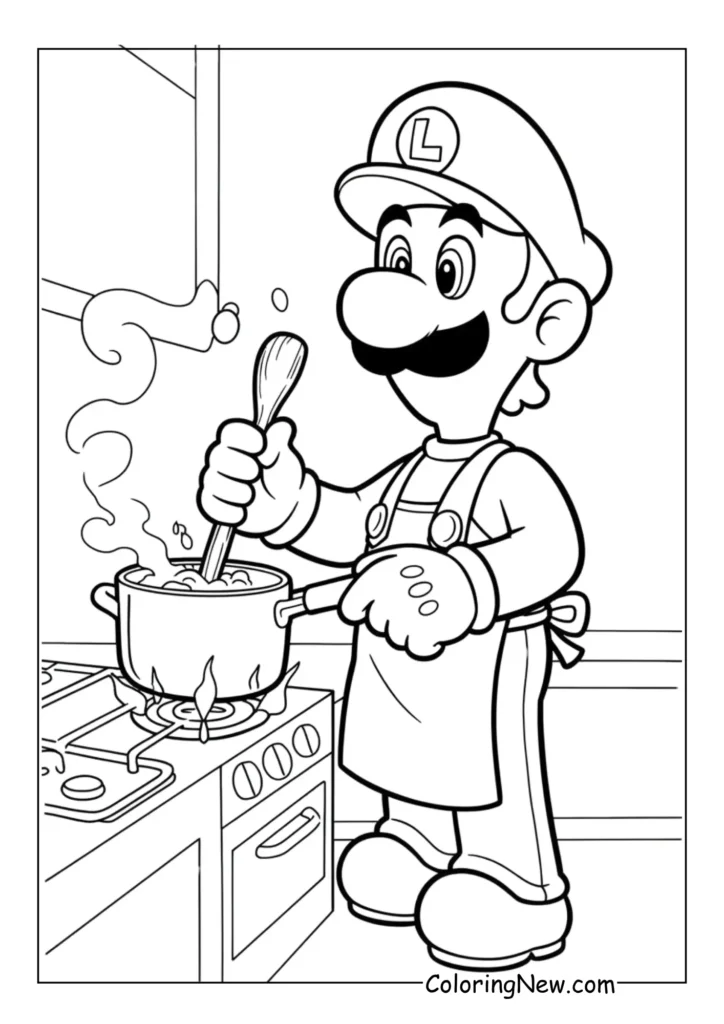 Luigi cooking in a kitchen, stirring a pot with a wooden spoon, wearing apron over his overalls