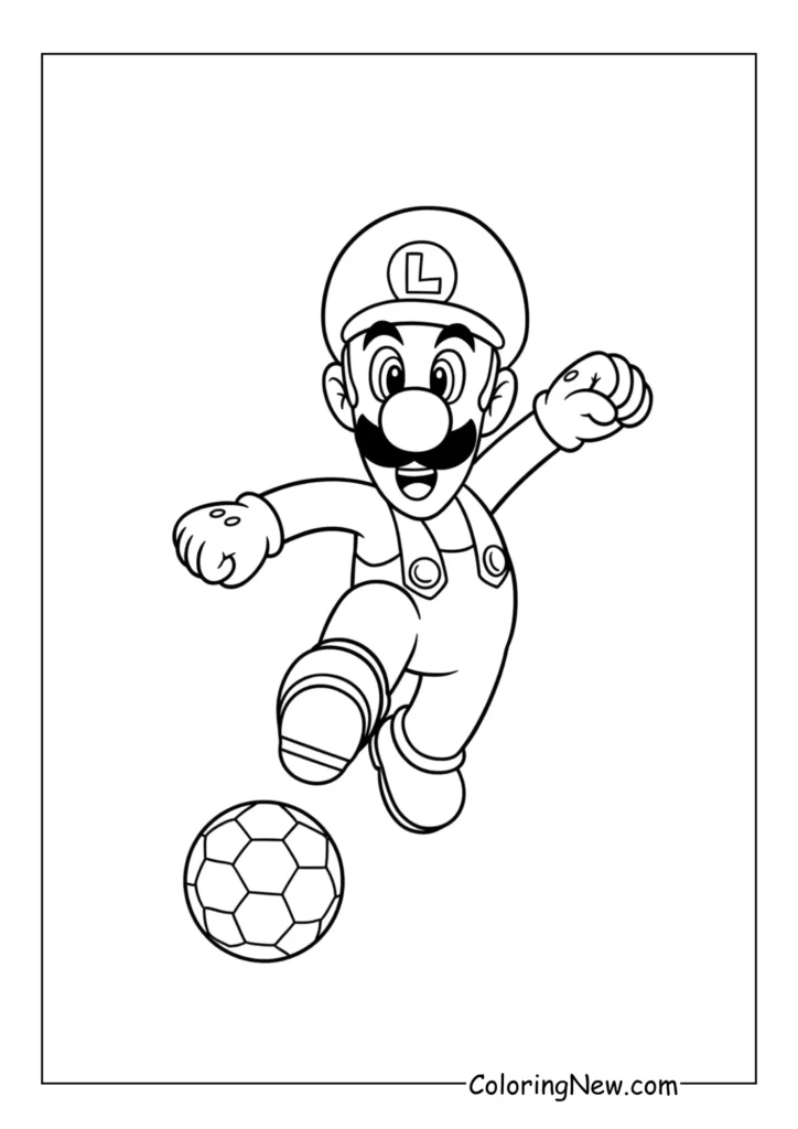 Luigi playing soccer, kicking a ball mid-action