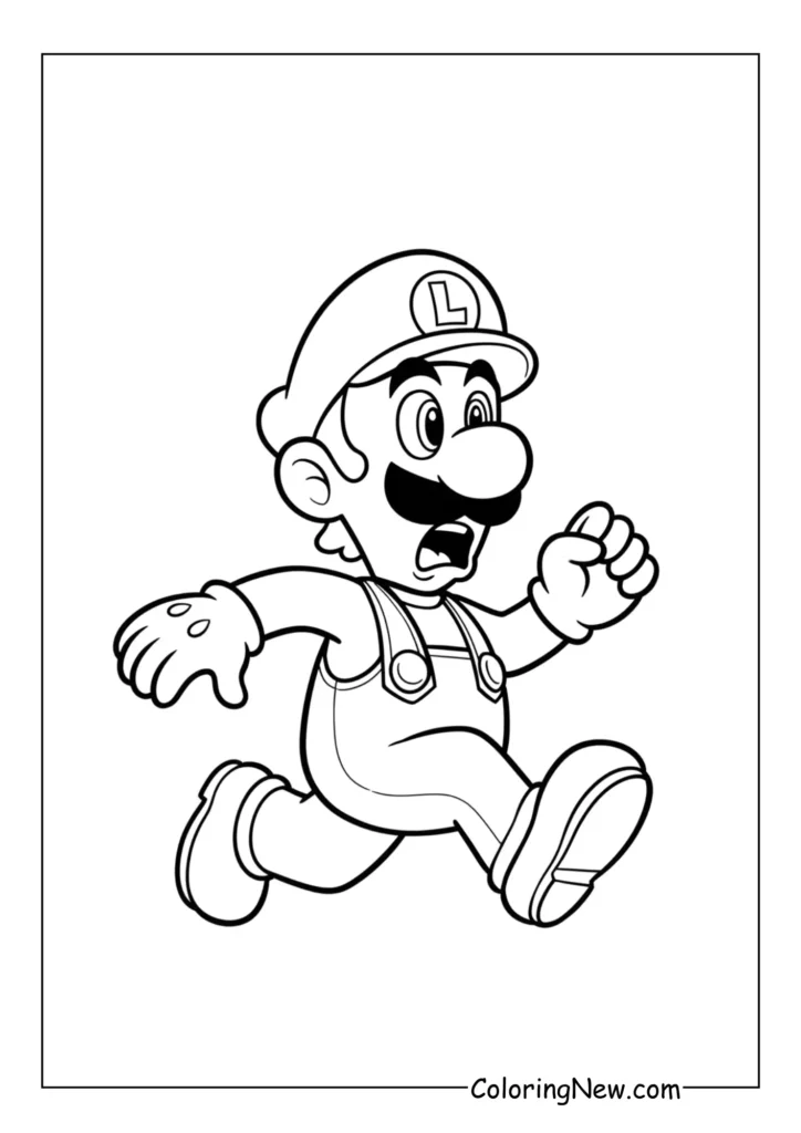 Luigi runs forward with a frightened expression, arms flailing as if escaping a haunted house