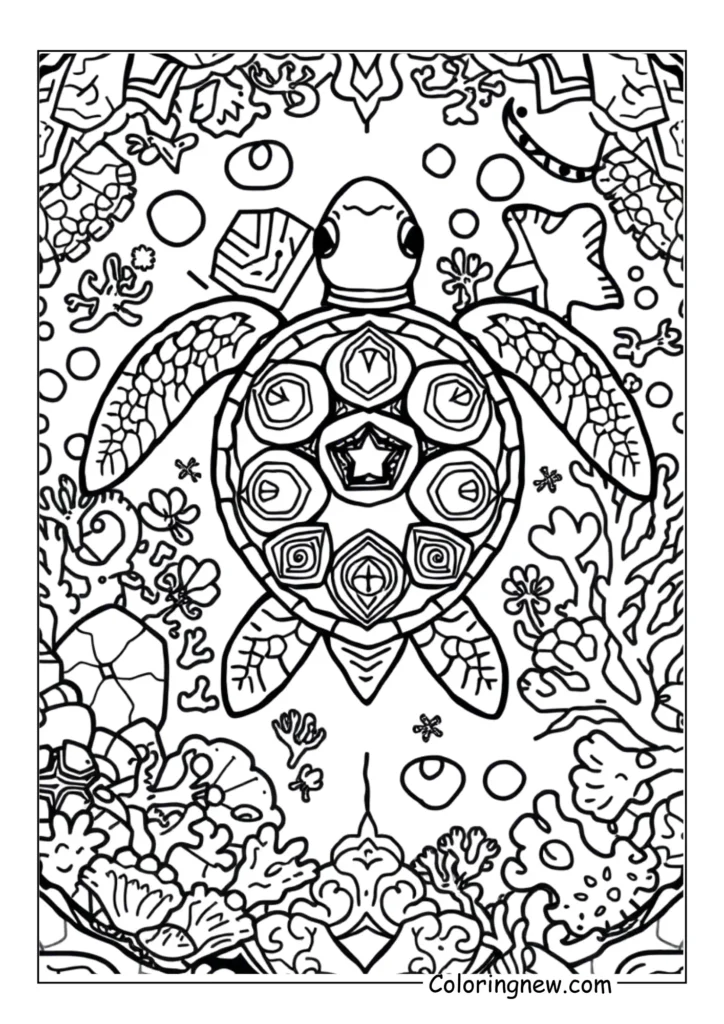 Mandala of the Sea – Stylized Turtle and Ocean Life Outline