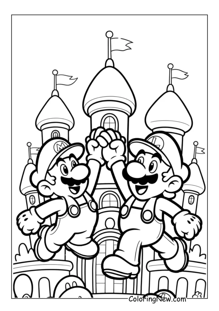 Mario and Luigi share a victorious high five in front of Princess Peach’s castle