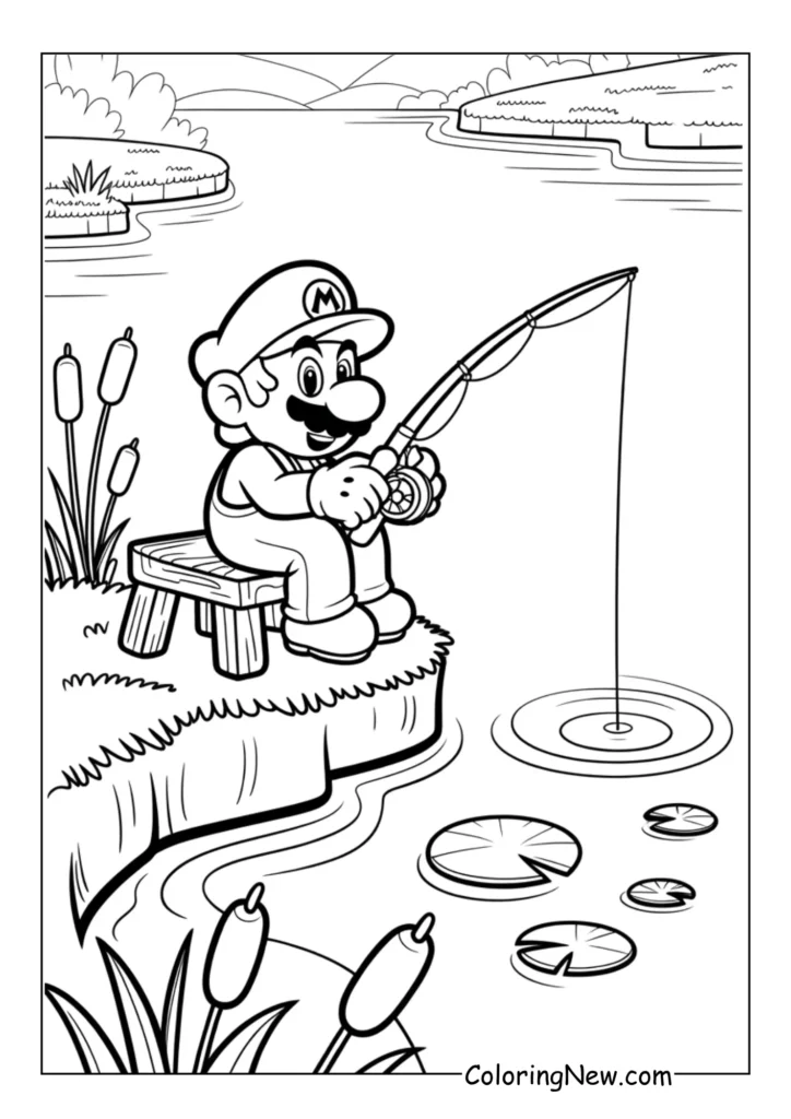 Mario fishing at a lake, sitting on a stool with a fishing rod, calm and peaceful pose