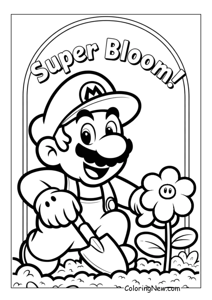 Mario gardening, planting a flower with a small shovel, smiling, wearing classic overalls and hat