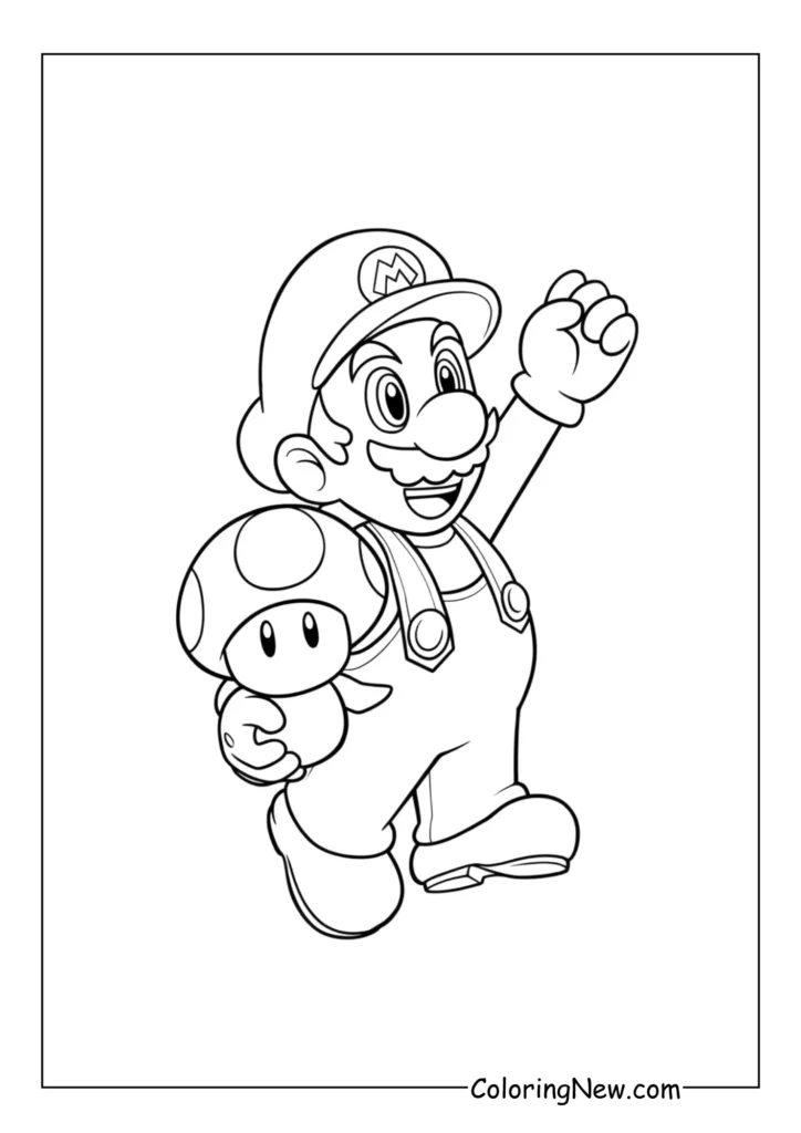 Mario holds a Super Mushroom high above his head, eyes shining with excitement