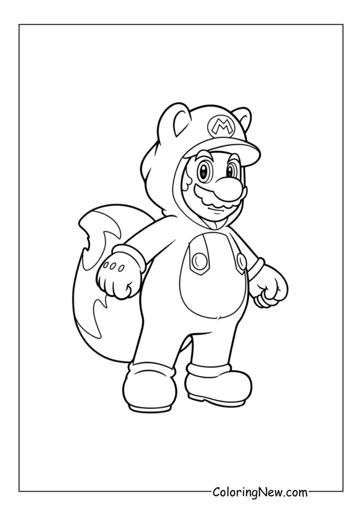 Mario is dressed in his full Tanooki Suit, arms extended as if preparing to fly