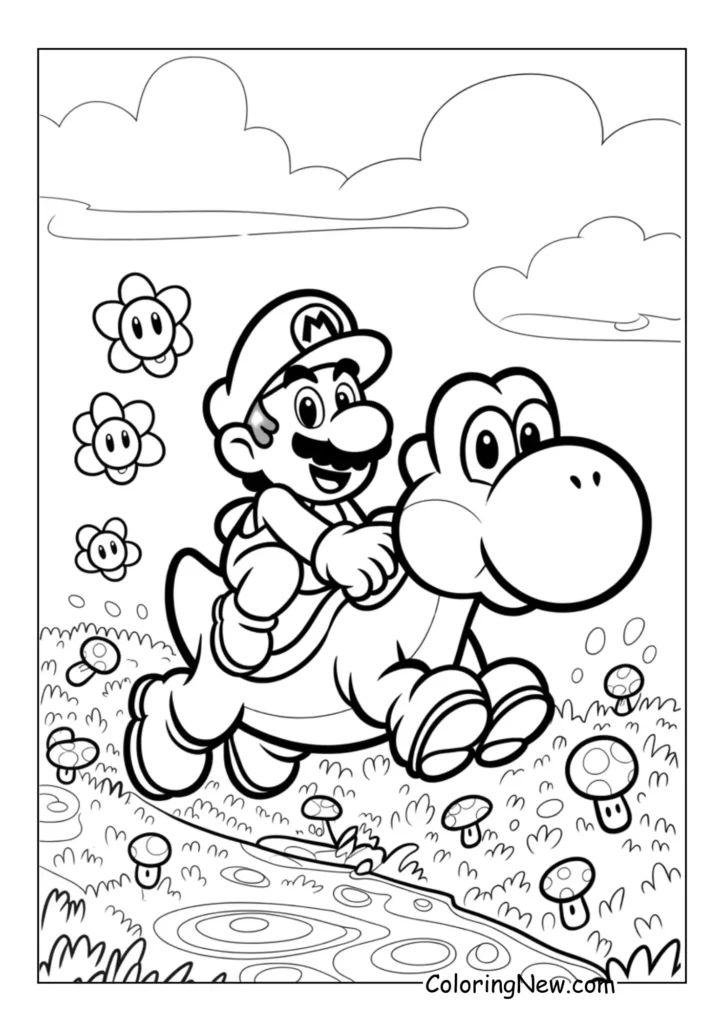 Mario is joyfully riding Yoshi through a peaceful, grassy field