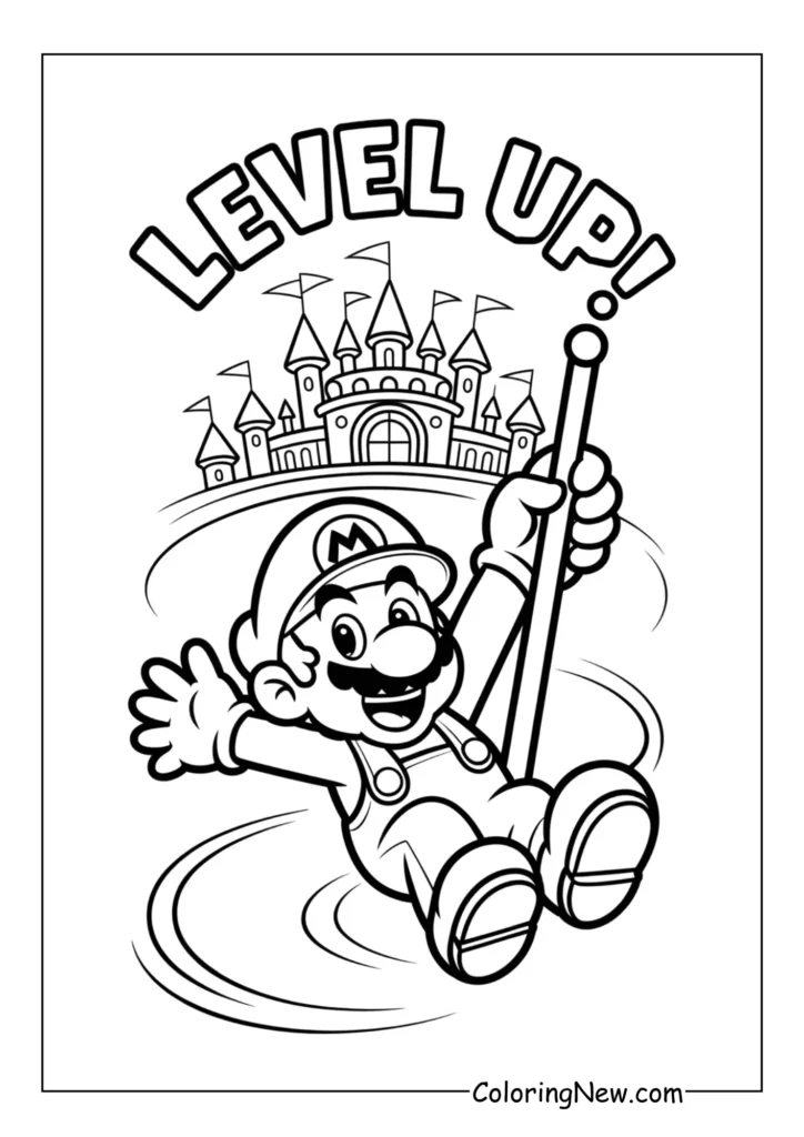 Mario is sliding down the flagpole in triumph, with Peach’s Castle standing proudly in the background