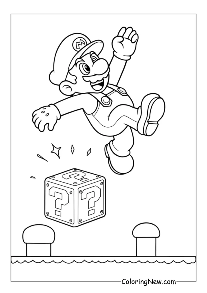 Super Mario jumps high in the air to hit a classic question mark block above his head