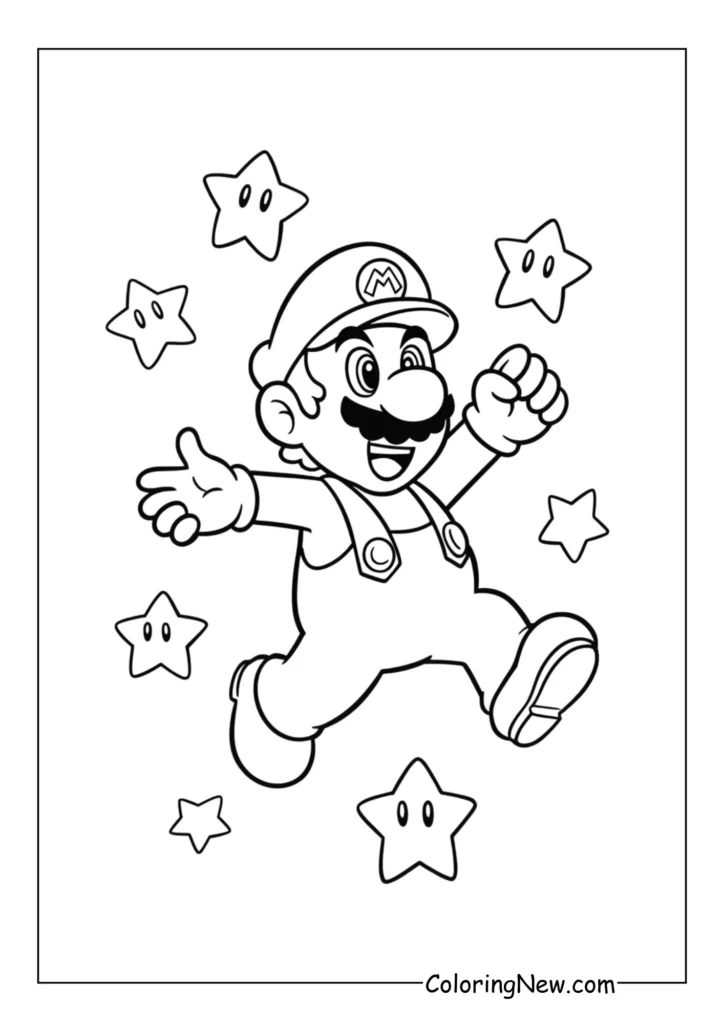 Mario leaps into the air surrounded by floating stars, showing joy and energy
