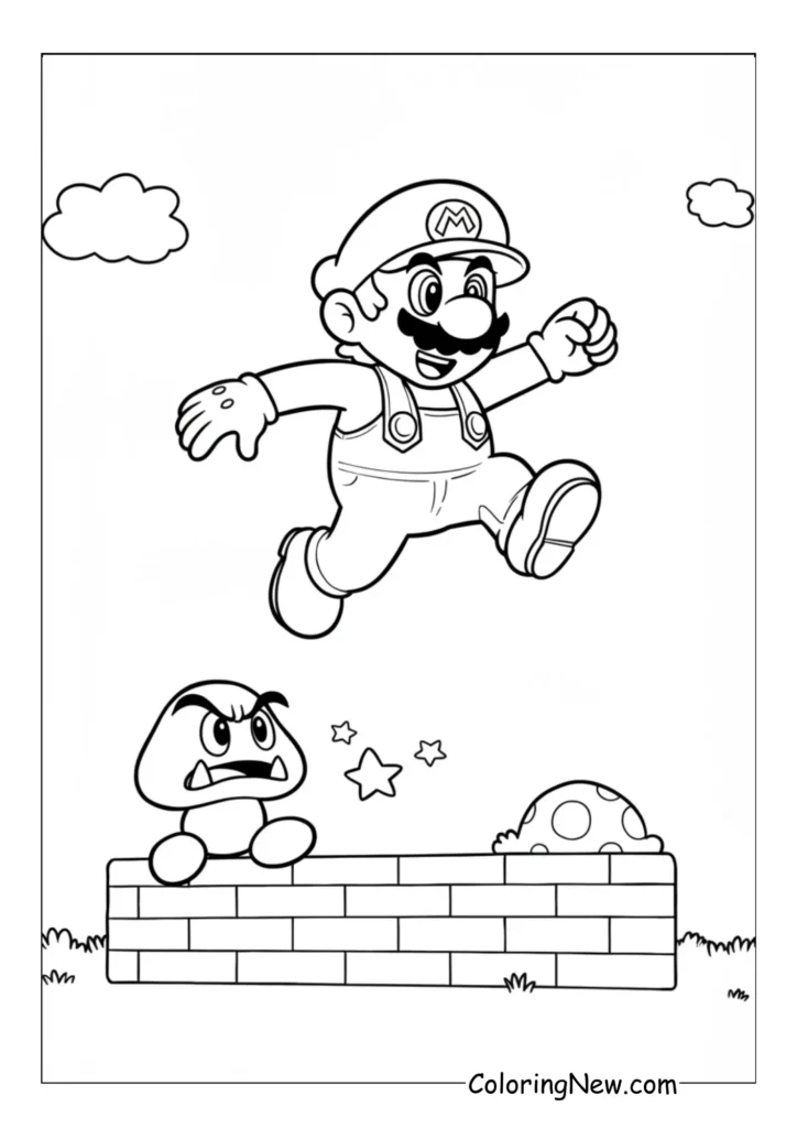 Mario leaps over a surprised Goomba on a series of classic brick platforms