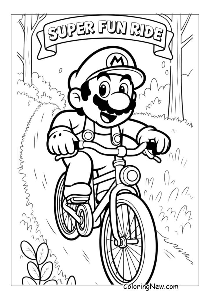 Mario riding a bicycle on a trail, pedaling with determination