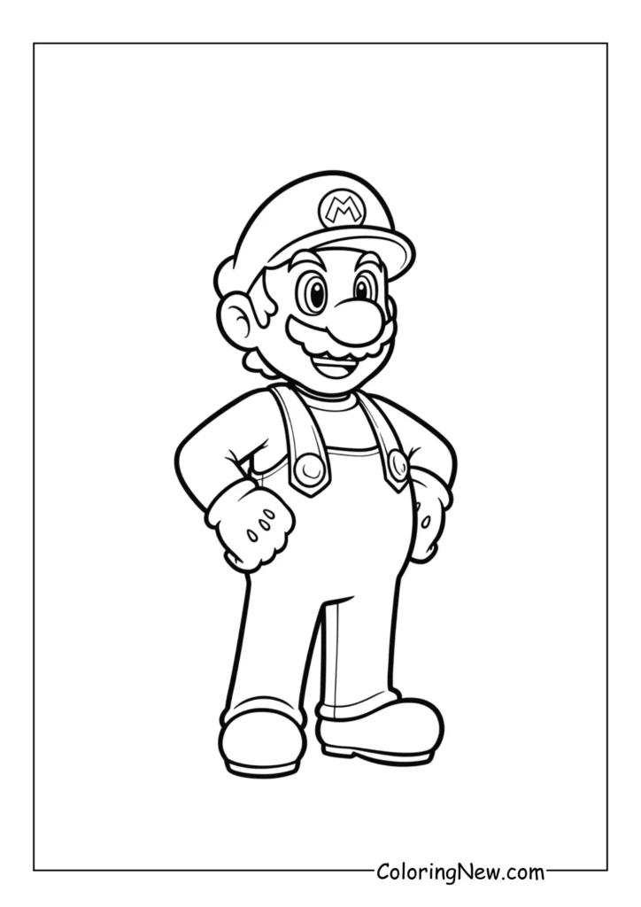 Mario standing with hands on hips, confident smile, Super Mario style