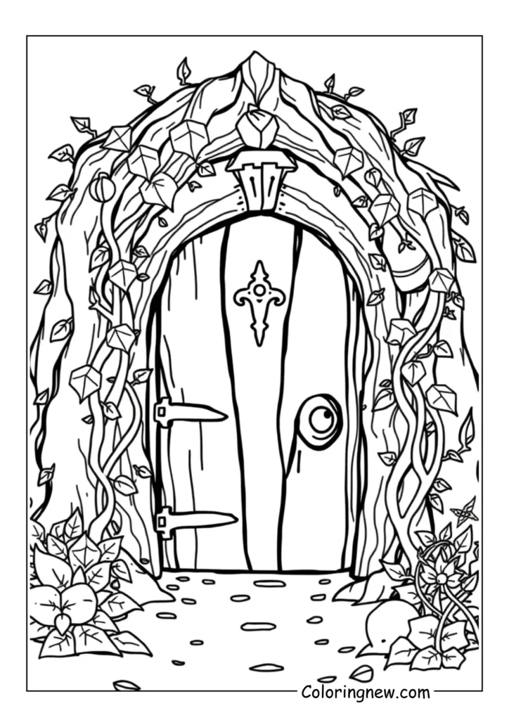 Outlined enchanted forest doorway with vines