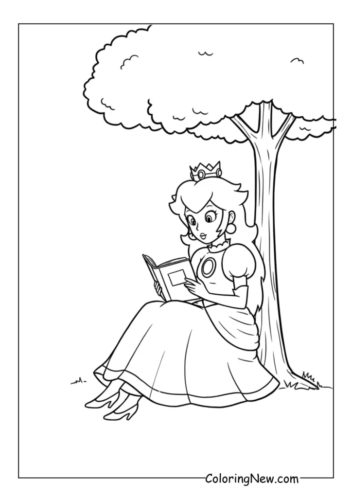 Princess Peach reading a book under a tree, peaceful expression