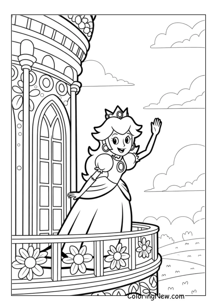 Princess Peach stands gracefully on her castle balcony, waving to the Mushroom Kingdom below