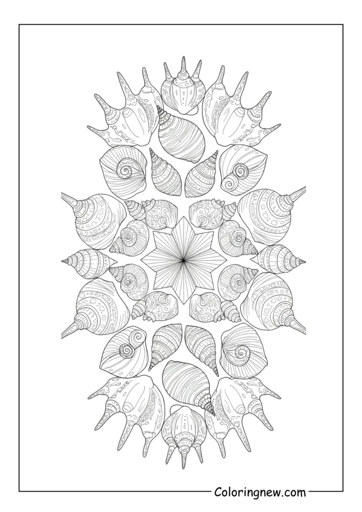 Seashells arranged in a symmetrical mandala design