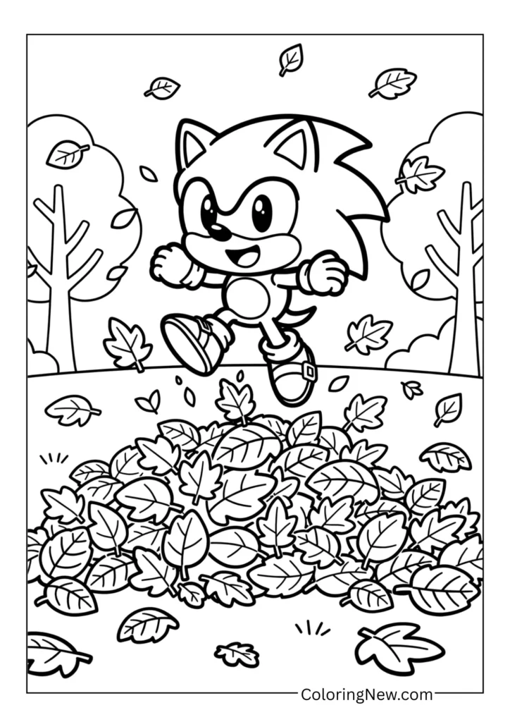 Sonic jumping into a pile of autumn leaves