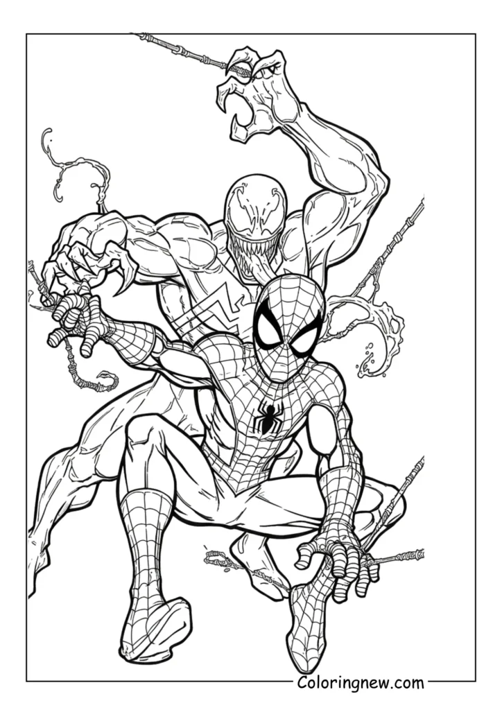Spider-Man battling Venom with webs and claws clashing