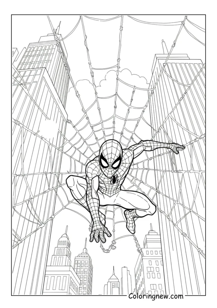 Spider-Man creating a giant web between buildings
