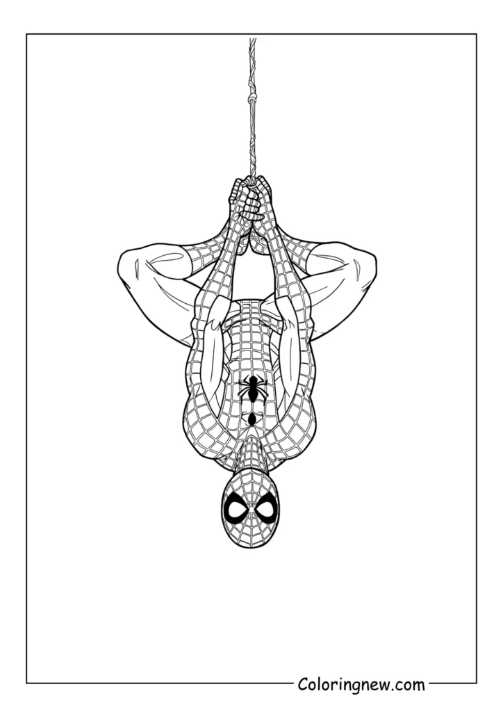 Spider-Man relaxing upside down on a web string