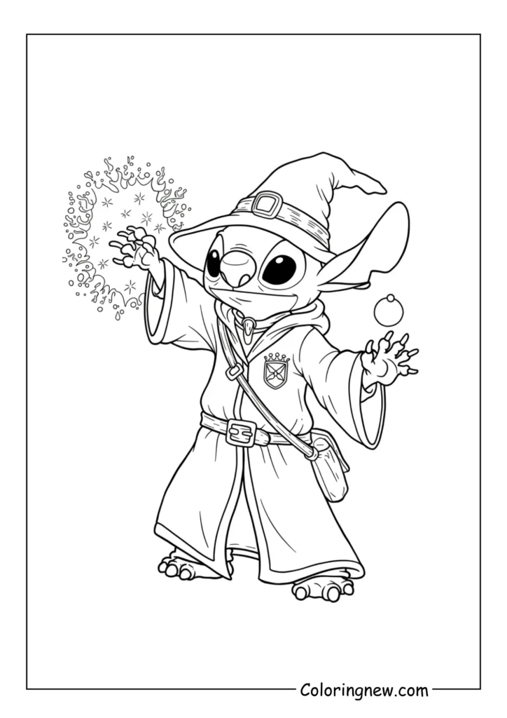 Stitch casting a magic spell in wizard robes