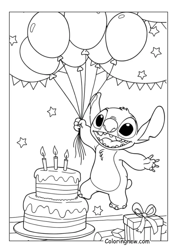 Stitch celebrating with balloons and cake