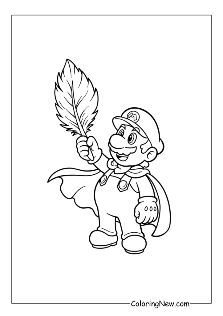 Super Mario proudly holds a Cape Feather above his head, with the wind slightly lifting his cap
