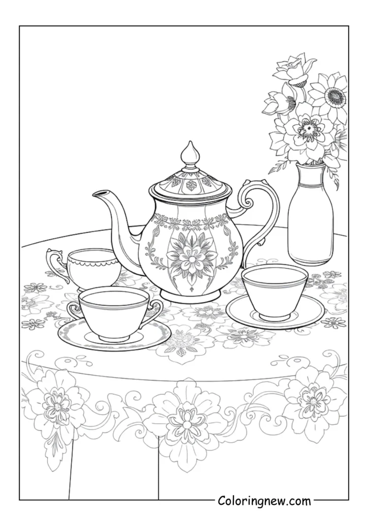 Tea set on a lace tablecloth and a flower vase