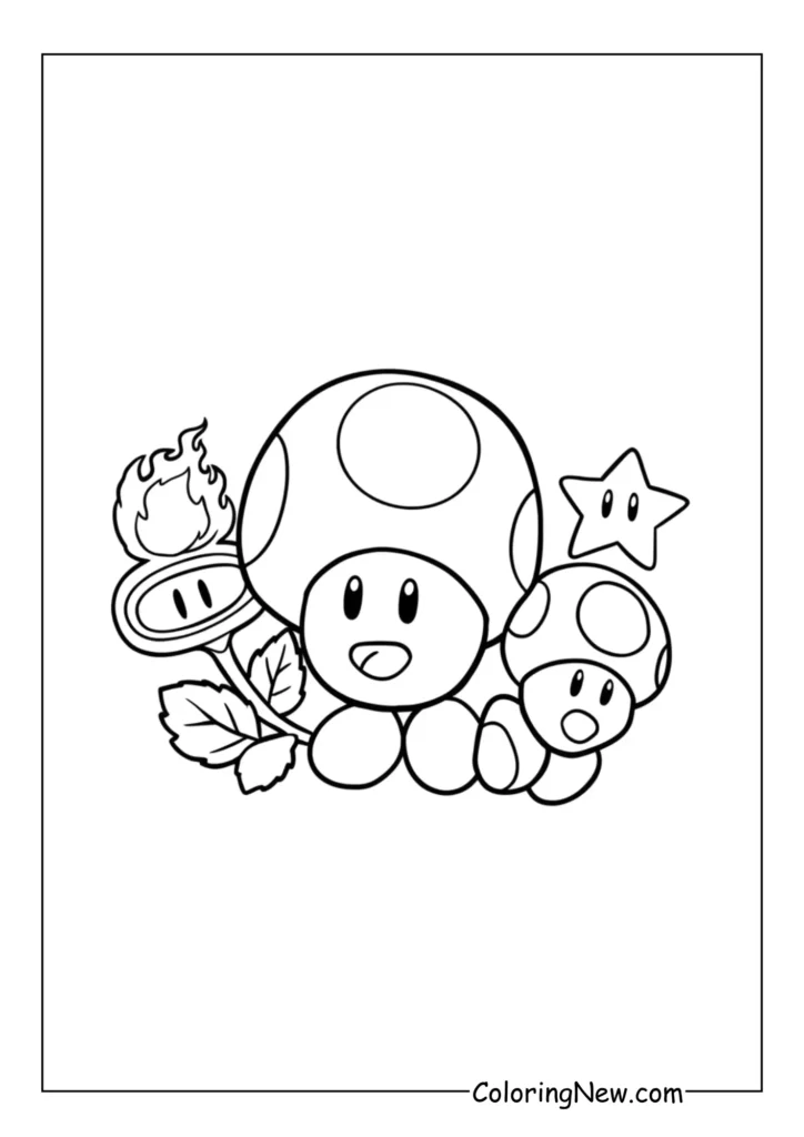 Three classic power-ups — a Super Mushroom, a Fire Flower, and a Starman — sit side by side