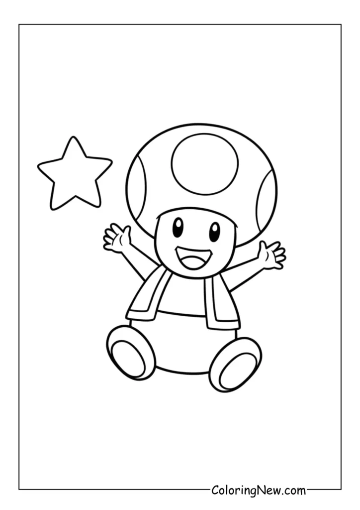 Toad jumps with a giant smile, holding a shining Power Star above his head