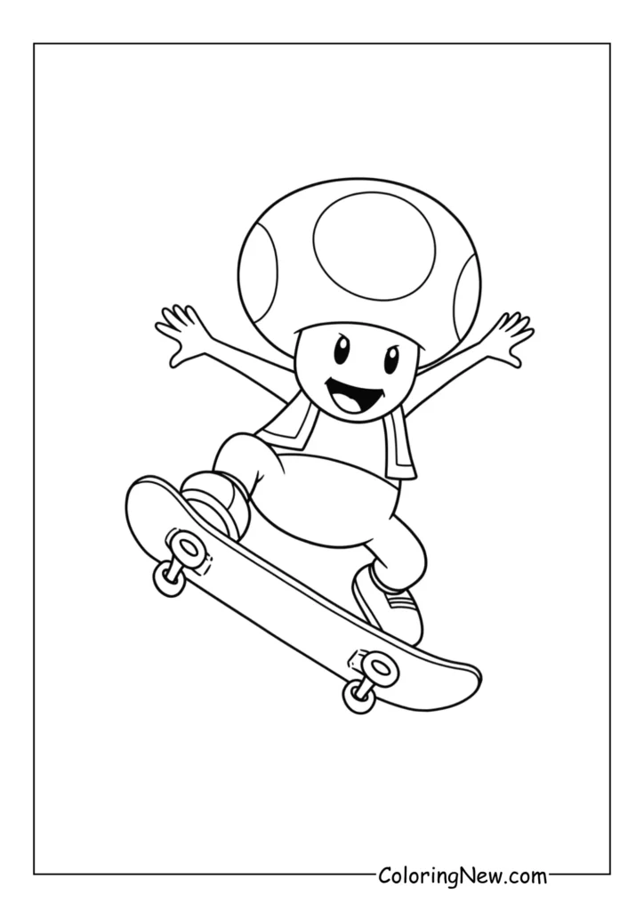 Toad skateboarding, doing a trick mid-air, energetic pose