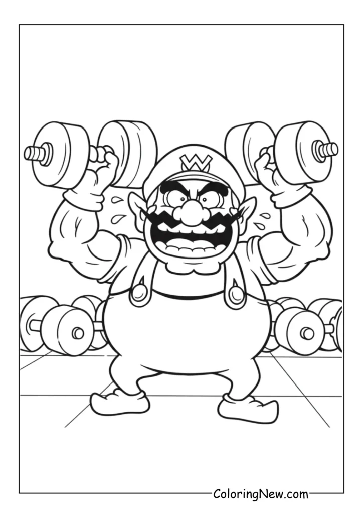 Wario lifting weights at a gym, flexing muscles and sweating, humorous expression