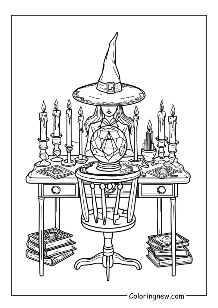 Witch’s desk with candles, crystal ball, tarot cards