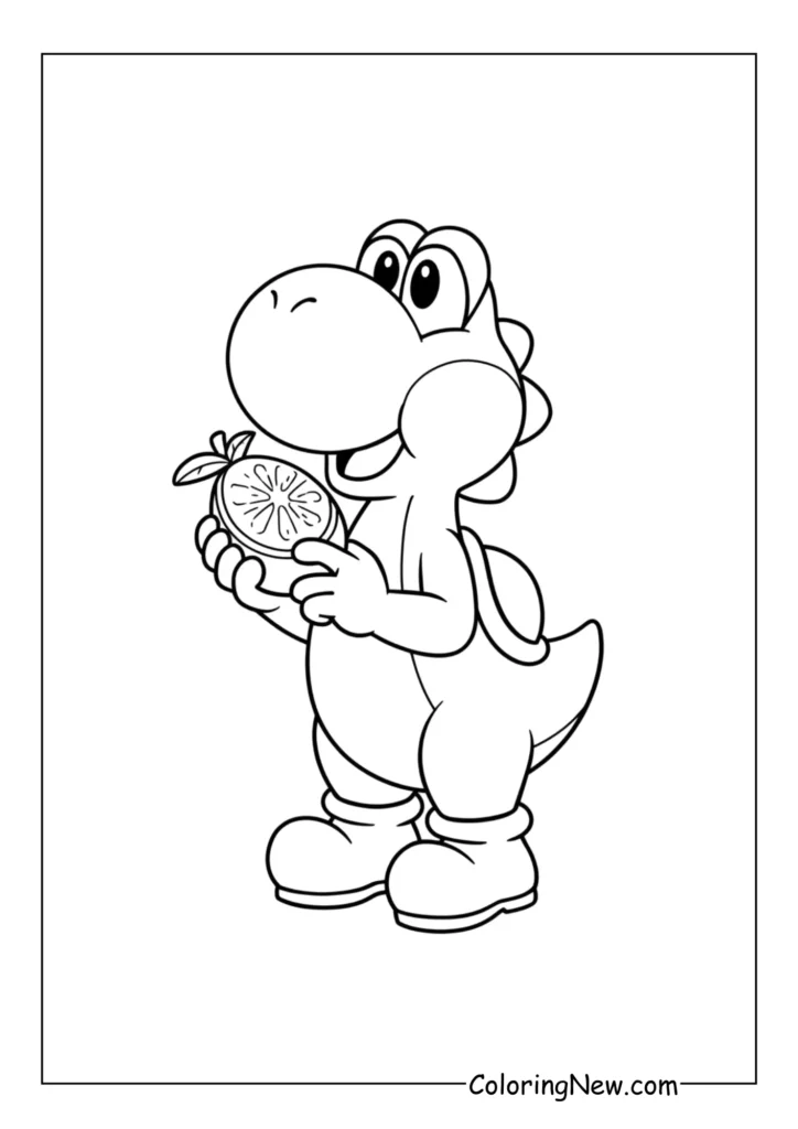 Yoshi munches on a round fruit with a happy, satisfied grin
