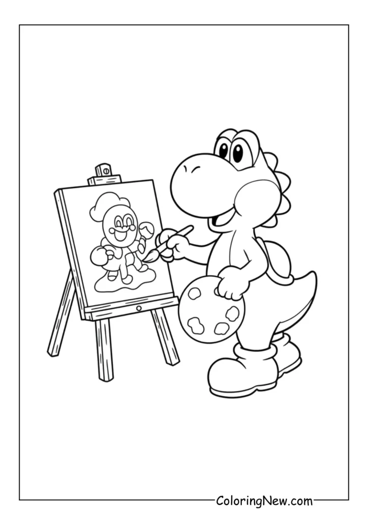 Yoshi painting a picture on an easel, holding a paintbrush with a happy face