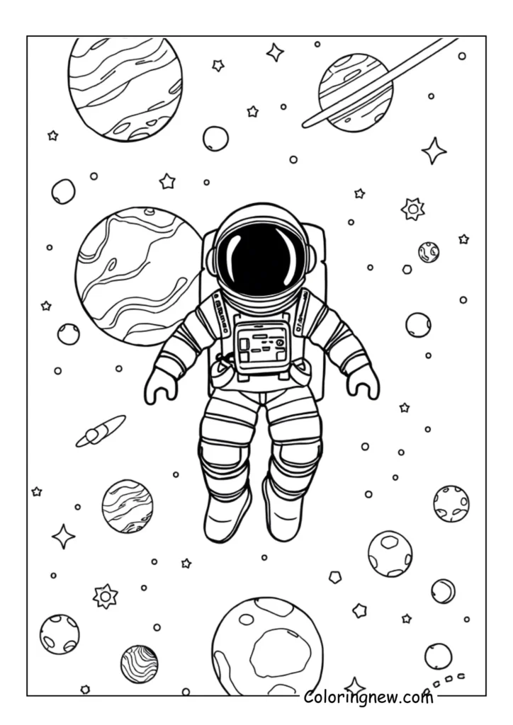 astronaut floating among planets