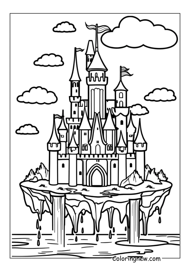 castle on a floating island with waterfalls and clouds