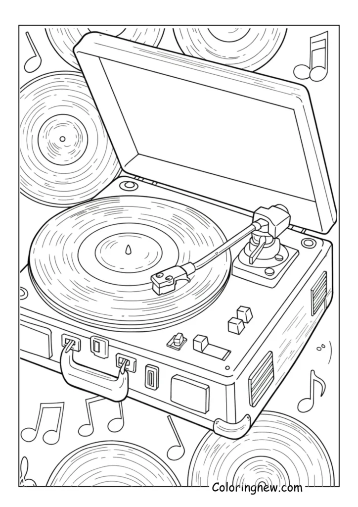 record player, vinyl records, and musical notes