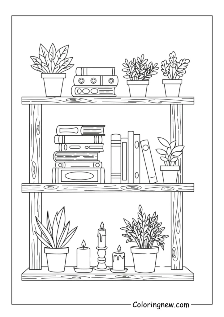 rustic bookshelf with stacked books, candles, and plants