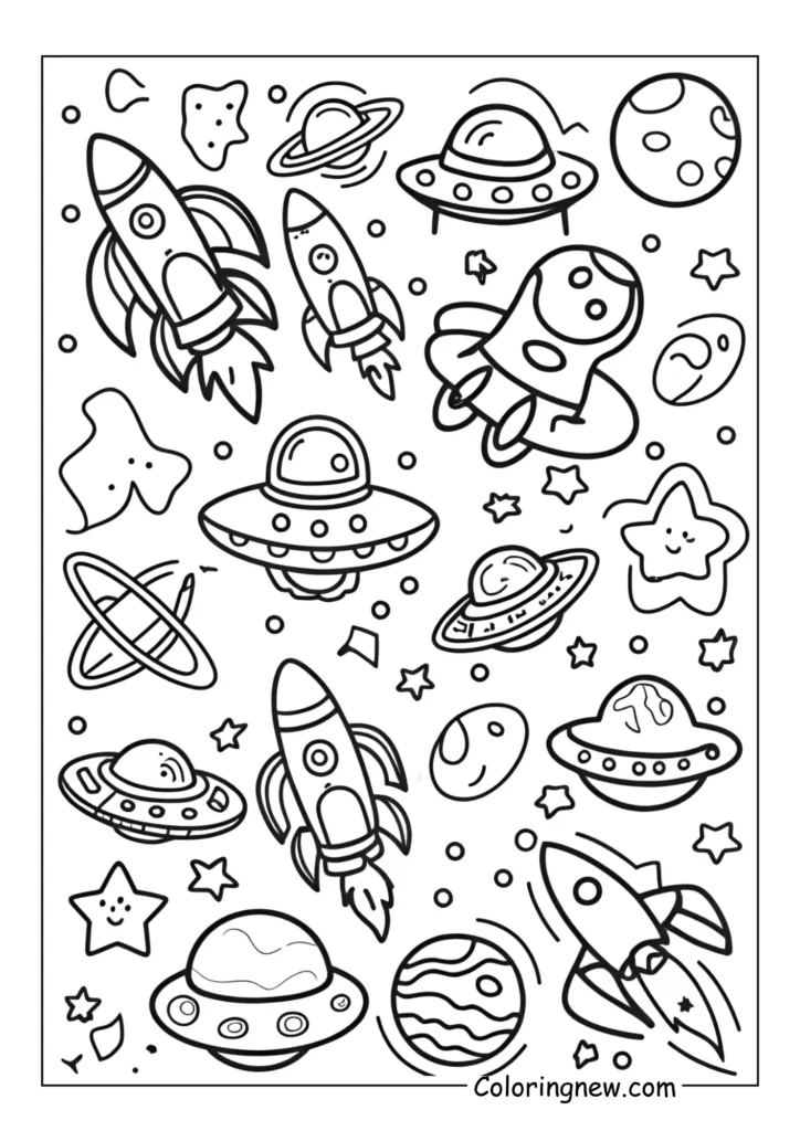 space-themed doodles like rockets, UFOs, satellites