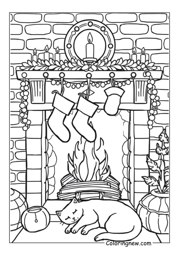 warm fireplace with hanging stockings and a sleeping cat