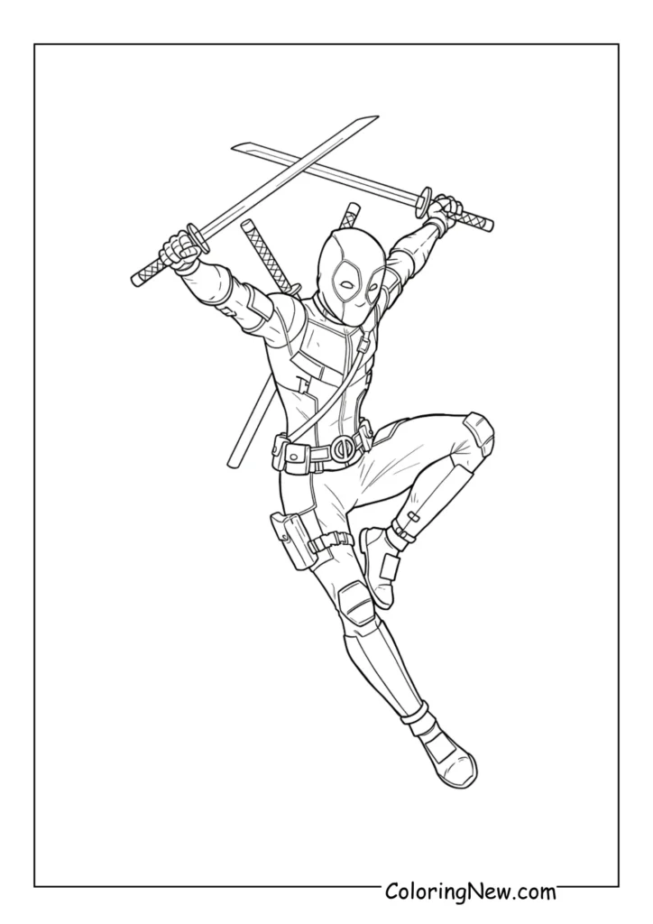 Deadpool mid-leap action pose