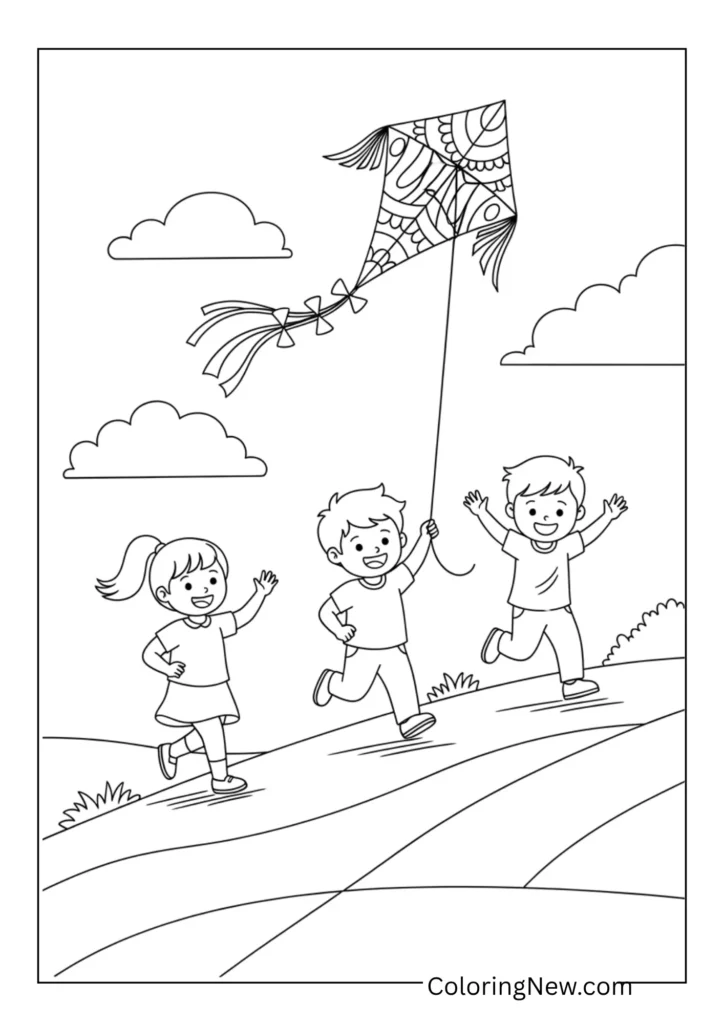 Kids flying a kite on a windy hill
