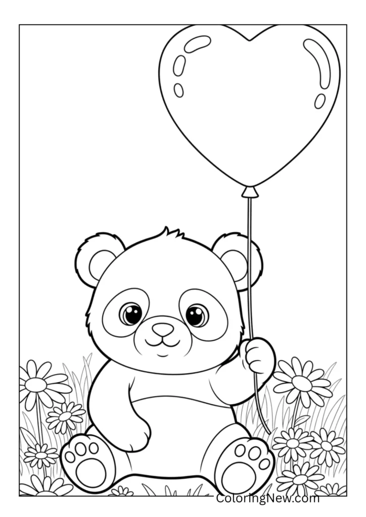 baby panda holding a heart-shaped balloon
