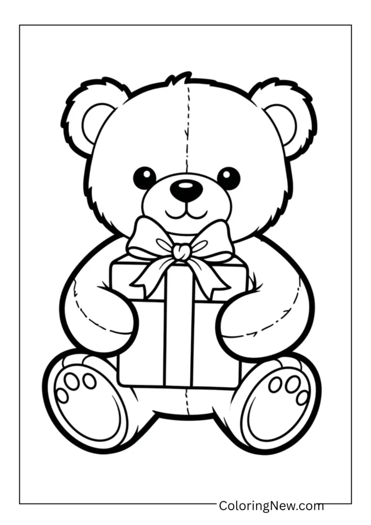 cuddly teddy bear holding a wrapped gift box with a ribbon