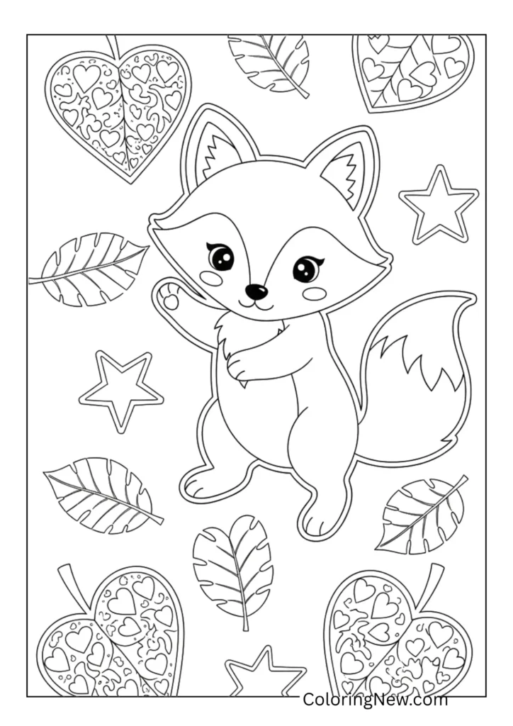 cute fox playing in autumn leaves shaped like hearts and stars