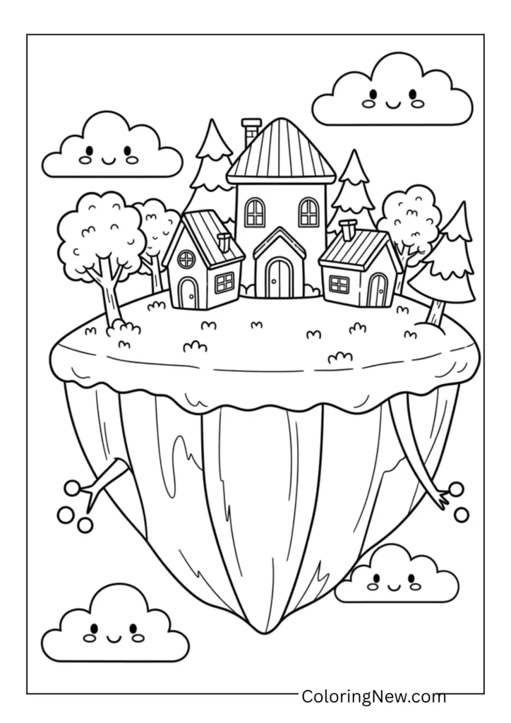 floating island with tiny houses, trees, and happy clouds