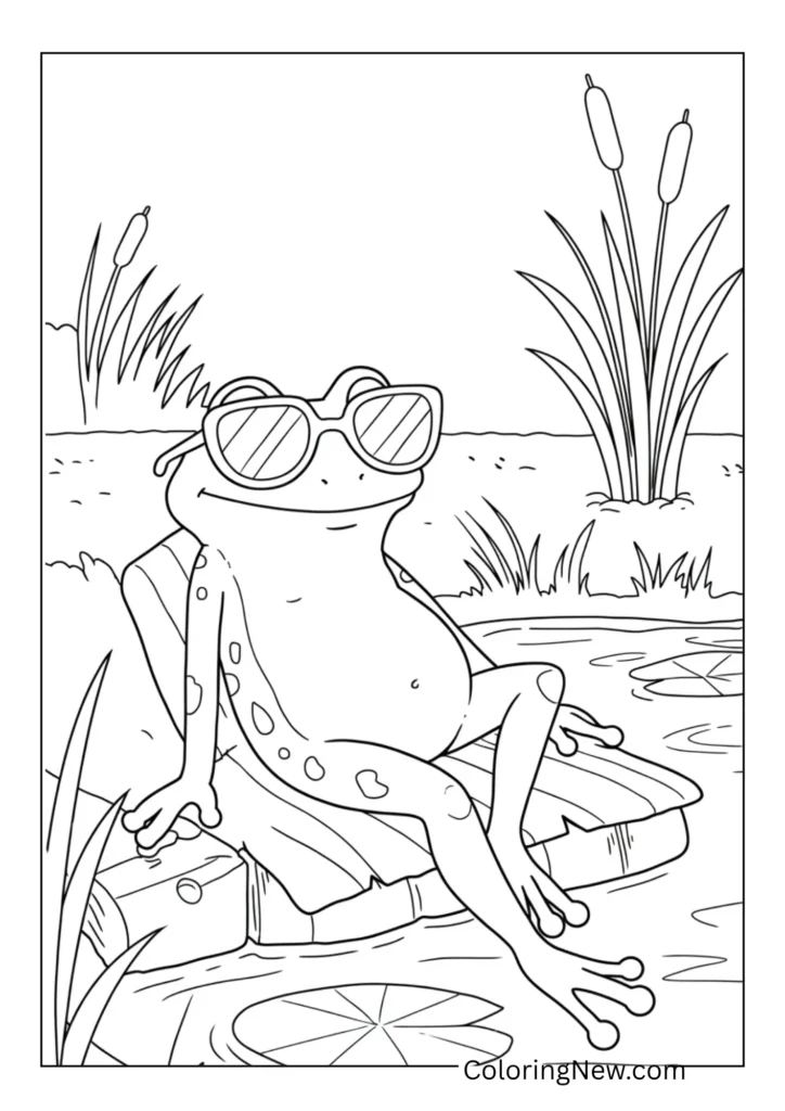 frog wearing sunglasses by a pond